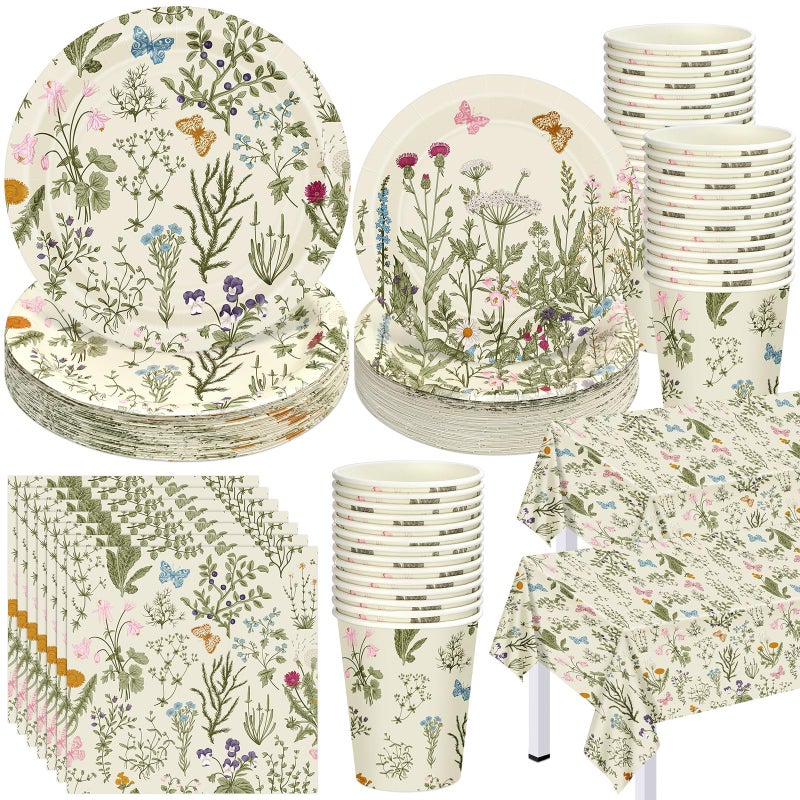 Layhit 202 Pcs Wildflower Party Decoration Supplies Floral Paper Plates Napkins Cups Butterfly Wildflower Tablecloth for Autumn Summer Birthday Wedding Fall PartyHerbsGreen
